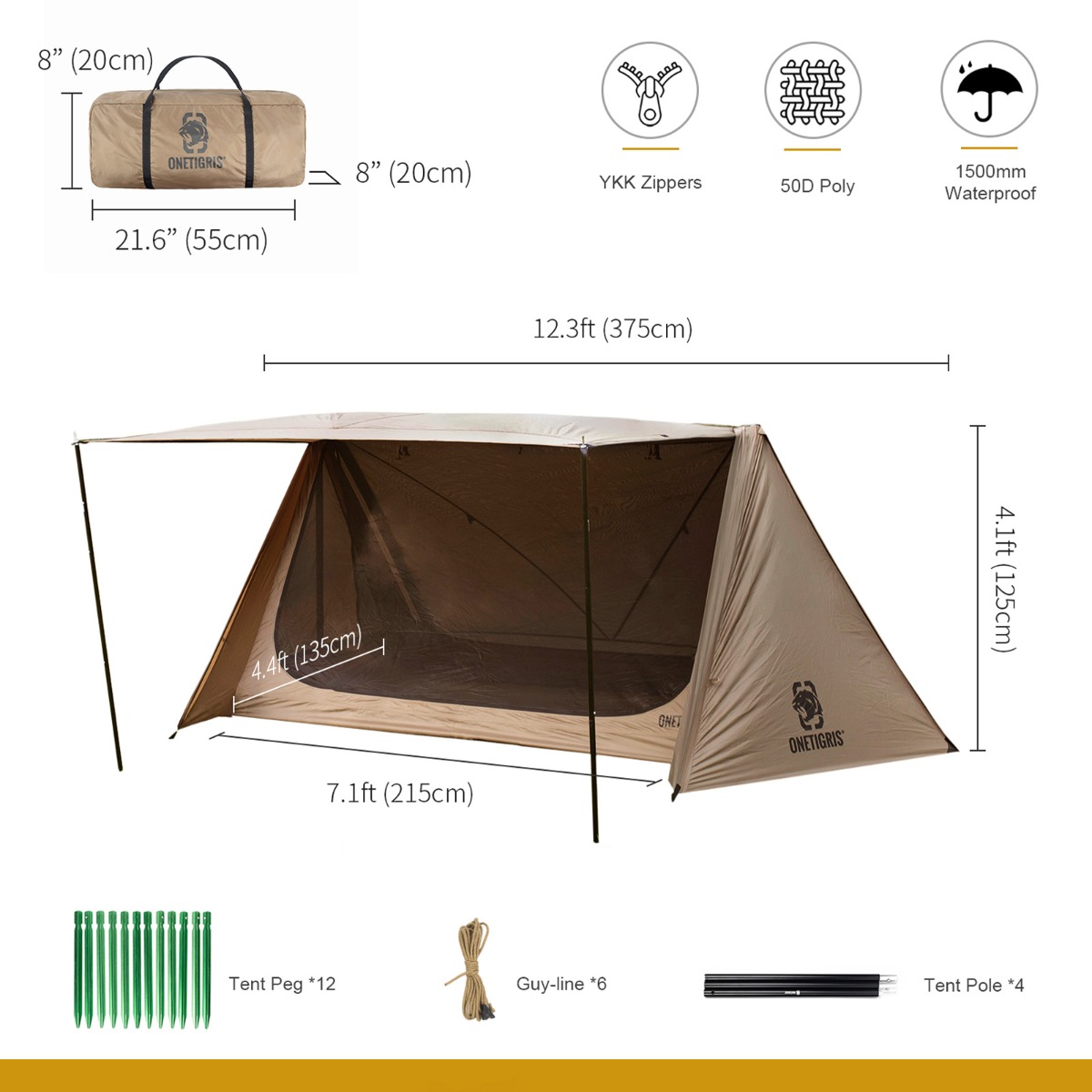 OneTigris 4-doored Double Shelter tent size chart
