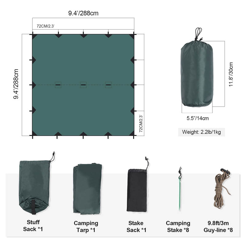 OneTigris 2000mm Waterproof Outdoor Tarp Shelter 9.4 sq ft for Hammock Camping/Survival/Bushcrafting/Backpacking size chart