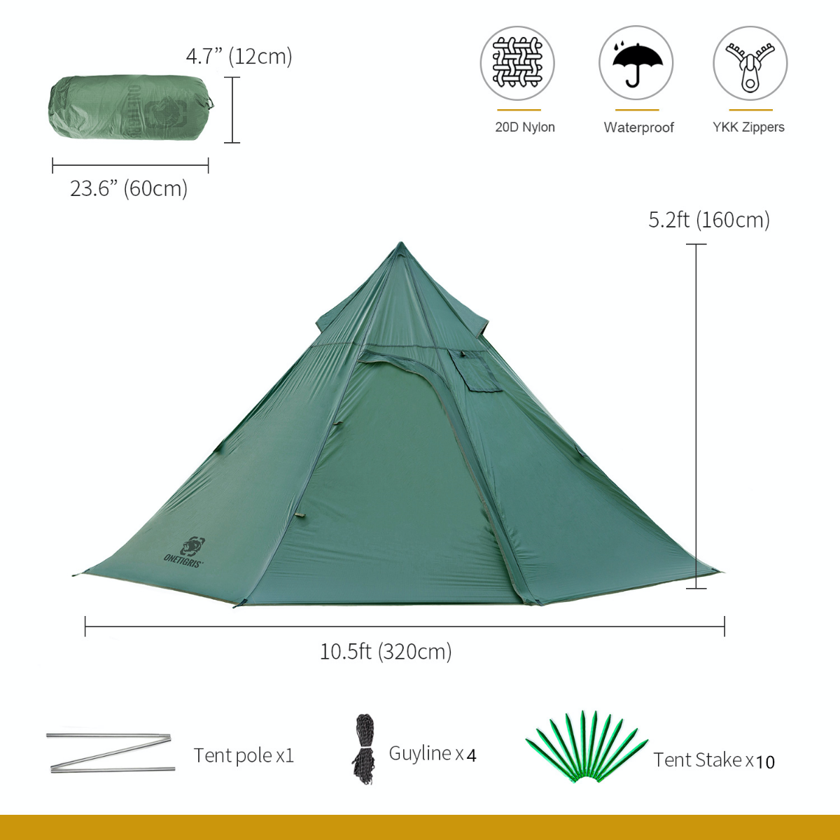 Size of OneTigris Iron Wall Chimney Tent