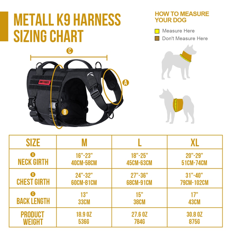 Size of OneTigris METALL K9 Harness