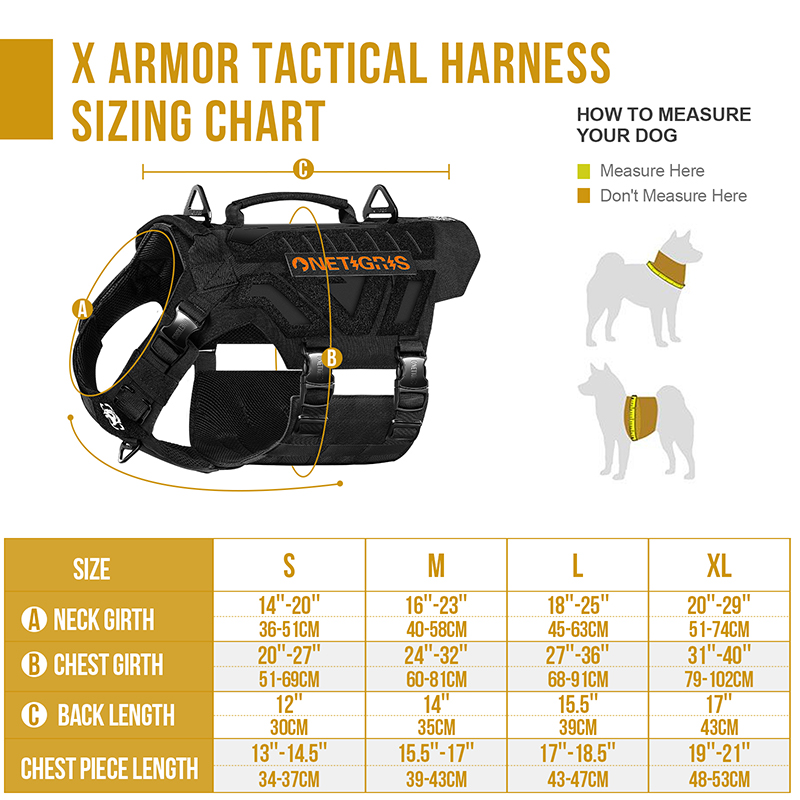 Size chart of X-ARMOR Tactical Harness 