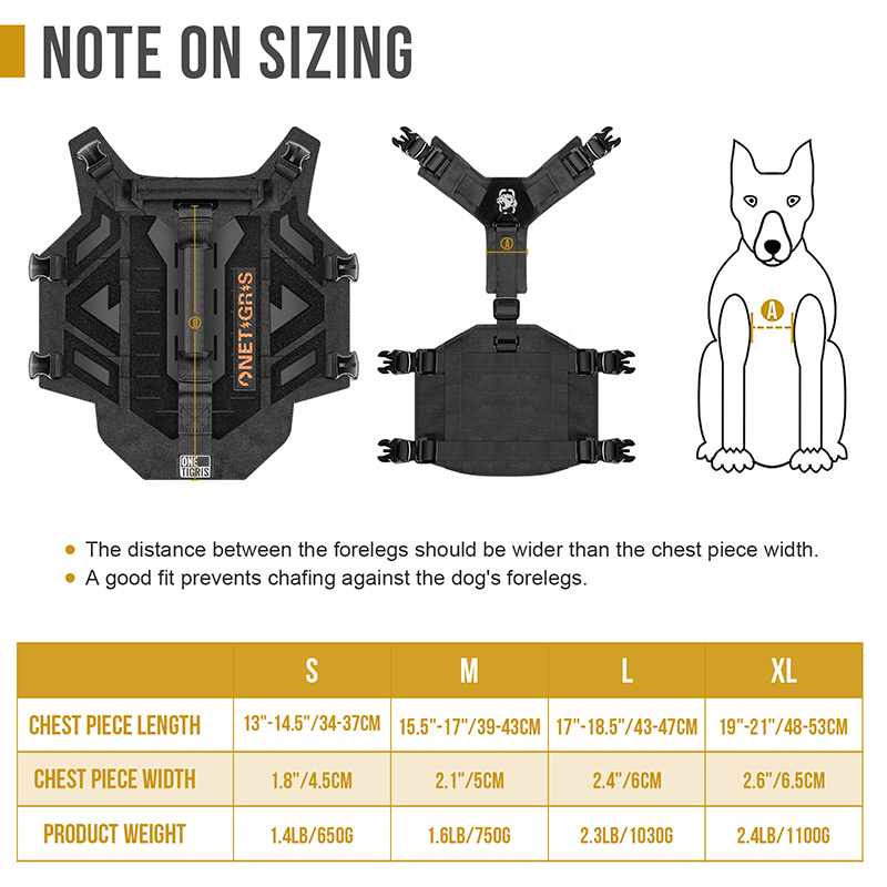 Size chart of X-ARMOR Tactical Harness 