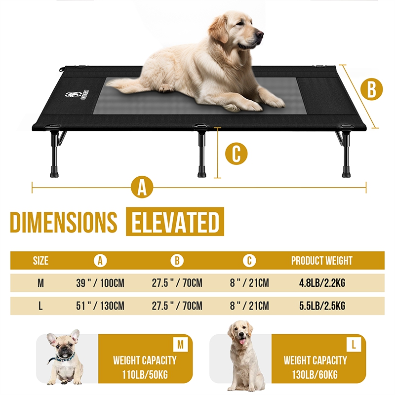 Size chart of OneTigris Elevated Pet Bed