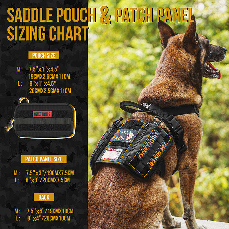 Onetigris guardian harness set's saddle pouch and patch panel sizing chart