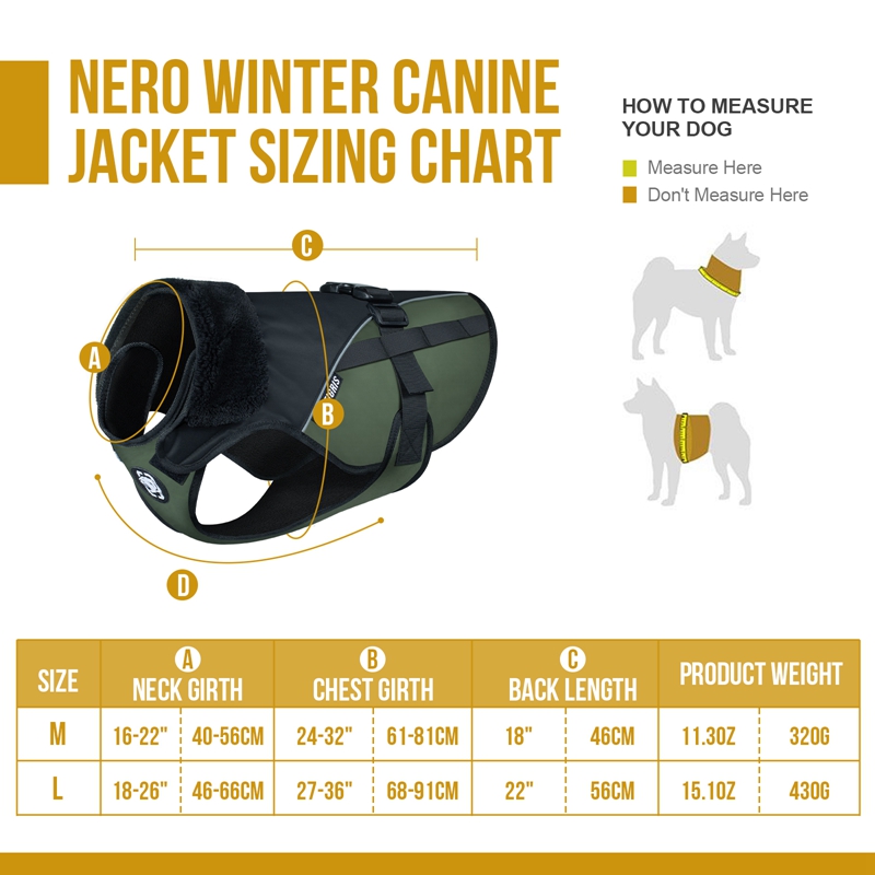 Size of OneTigris NERO Winter Dog Jacket 