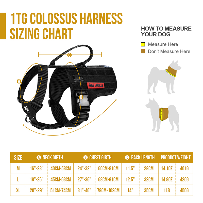 Size chart of COLOSSUS Tactical Harness