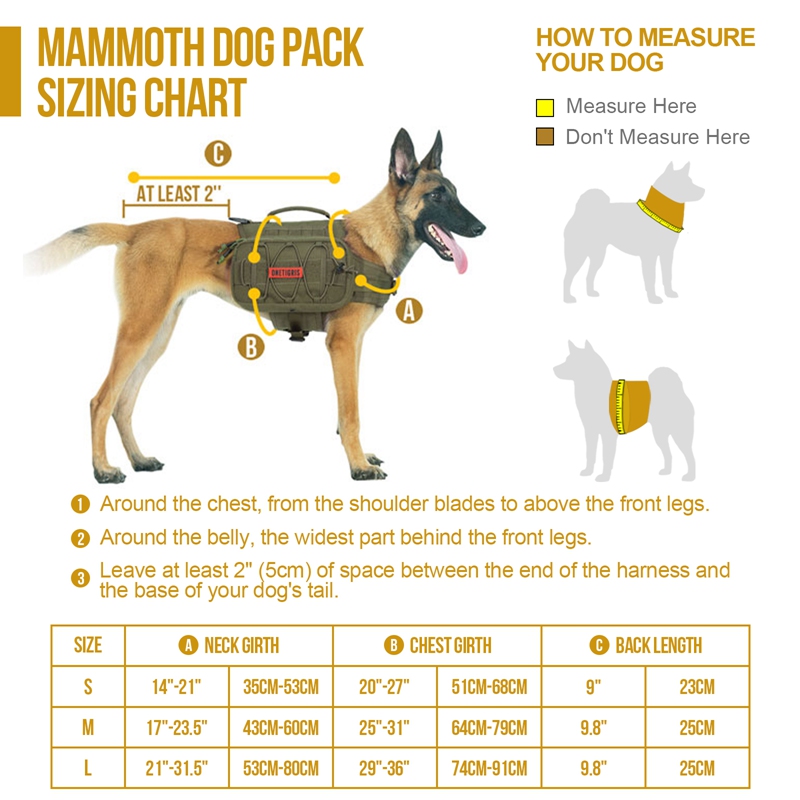 Size chart of OneTigris MAMMOTH Dog Pack